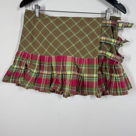 Billabong Y2K Plaid Mini Skirt Green Pink Size 5 Buckle Ruffle Festival - Picture 3 of 11